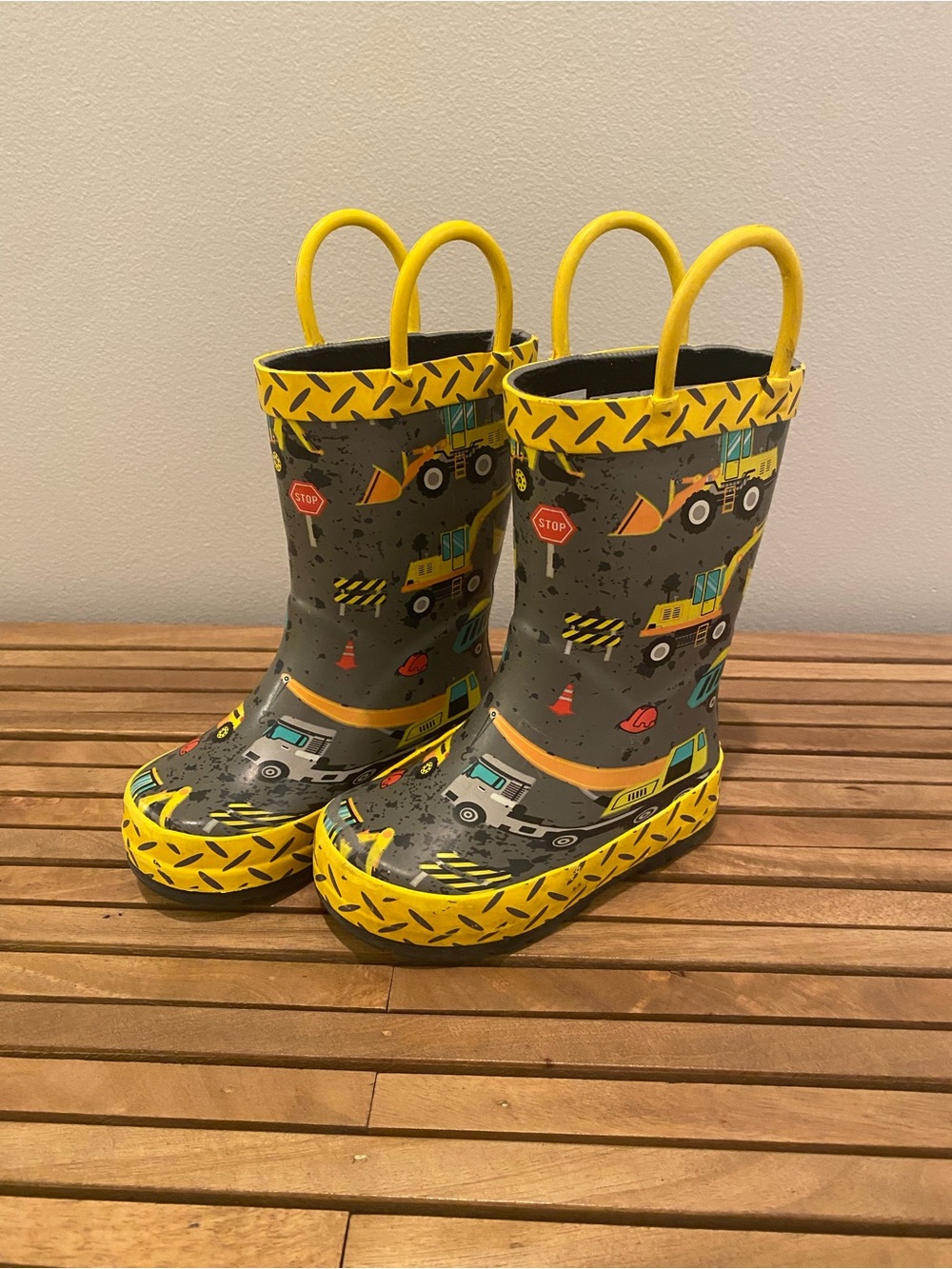 George Gray and Yellow Construction Print Kids Rain Boots
